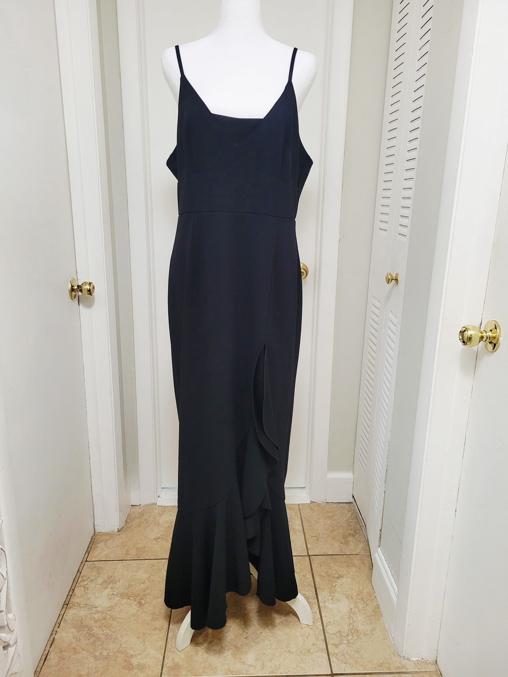 Black Spaghetti-Strap Maxi Dress with Ruffled Slit